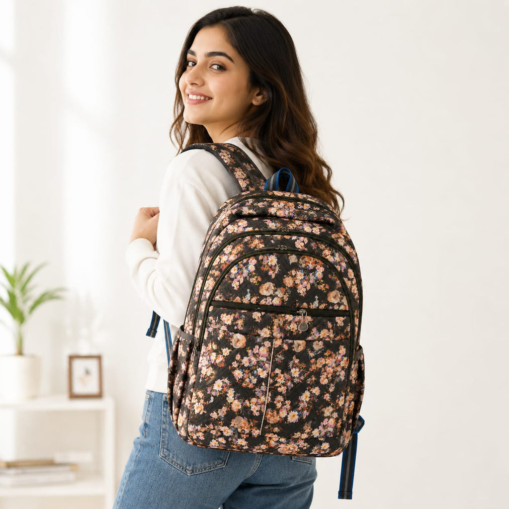 Floral Printed Quilted Backpack for Girls & Women | Lightweight Water-Resistant School, College & Travel Bag | Multi-Compartment Laptop Backpack | Black Floral