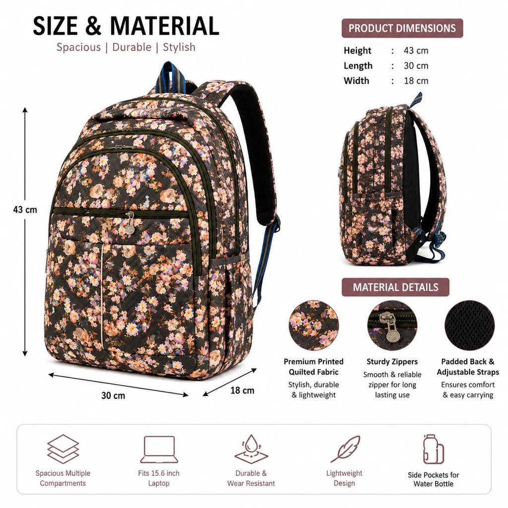 Floral Printed Quilted Backpack for Girls & Women | Lightweight Water-Resistant School, College & Travel Bag | Multi-Compartment Laptop Backpack | Black Floral