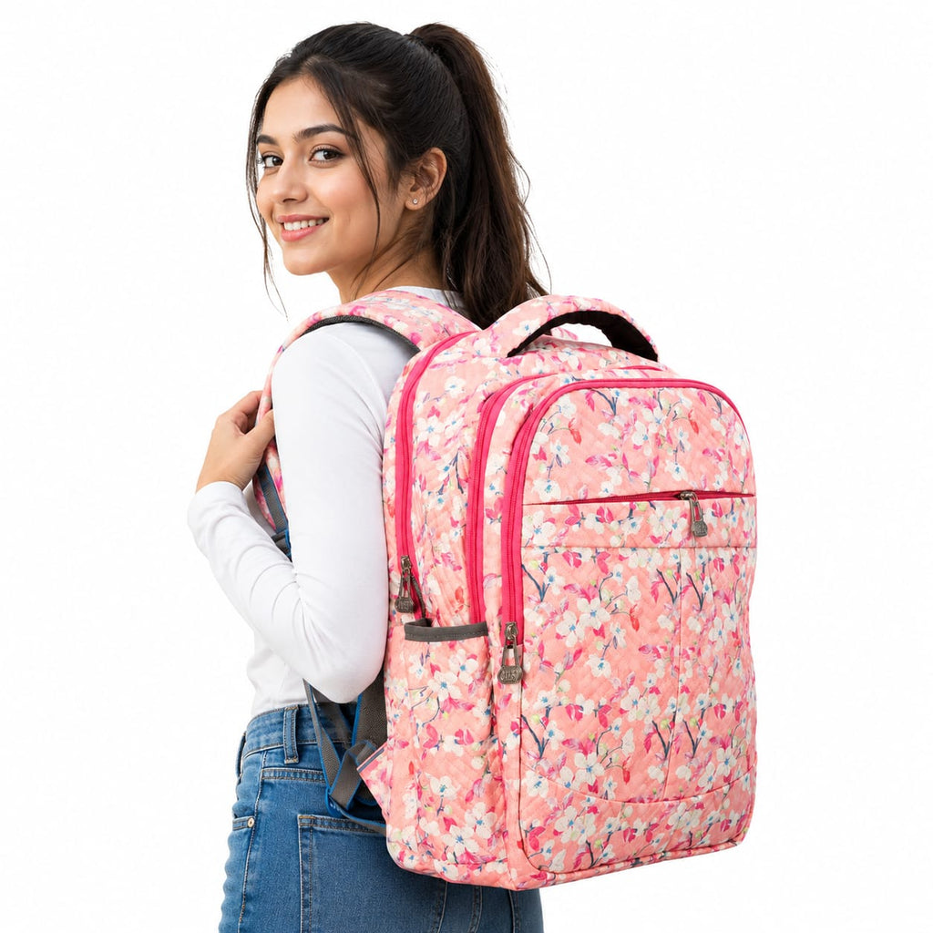 Floral Printed School Backpack for Girls & Women | Lightweight Quilted Laptop/College Bag | Multi-Compartment Travel Backpack | Pink