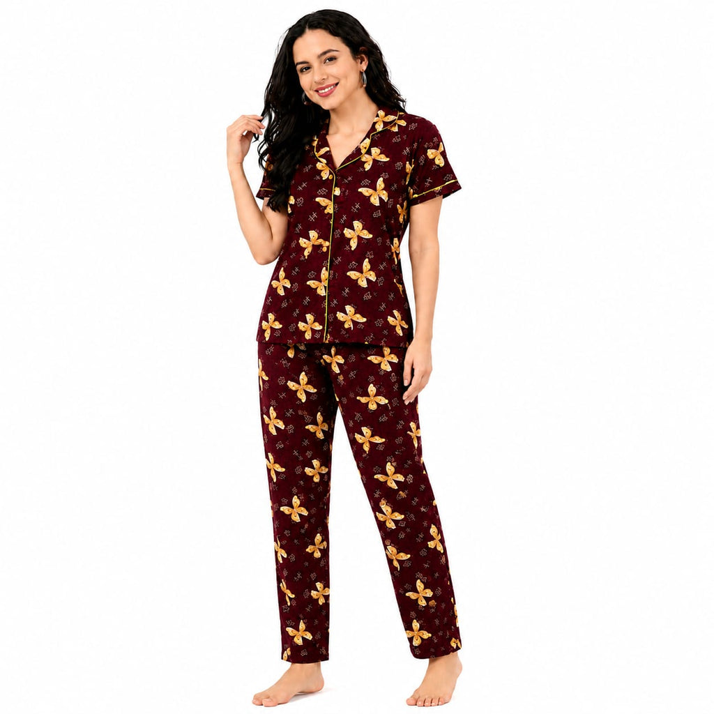 Women's Cotton Front Open Night Suit | Half Sleeve Printed Pajama Set | Soft & Breathable Button-Down Sleepwear | Comfortable Lounge Wear for Women