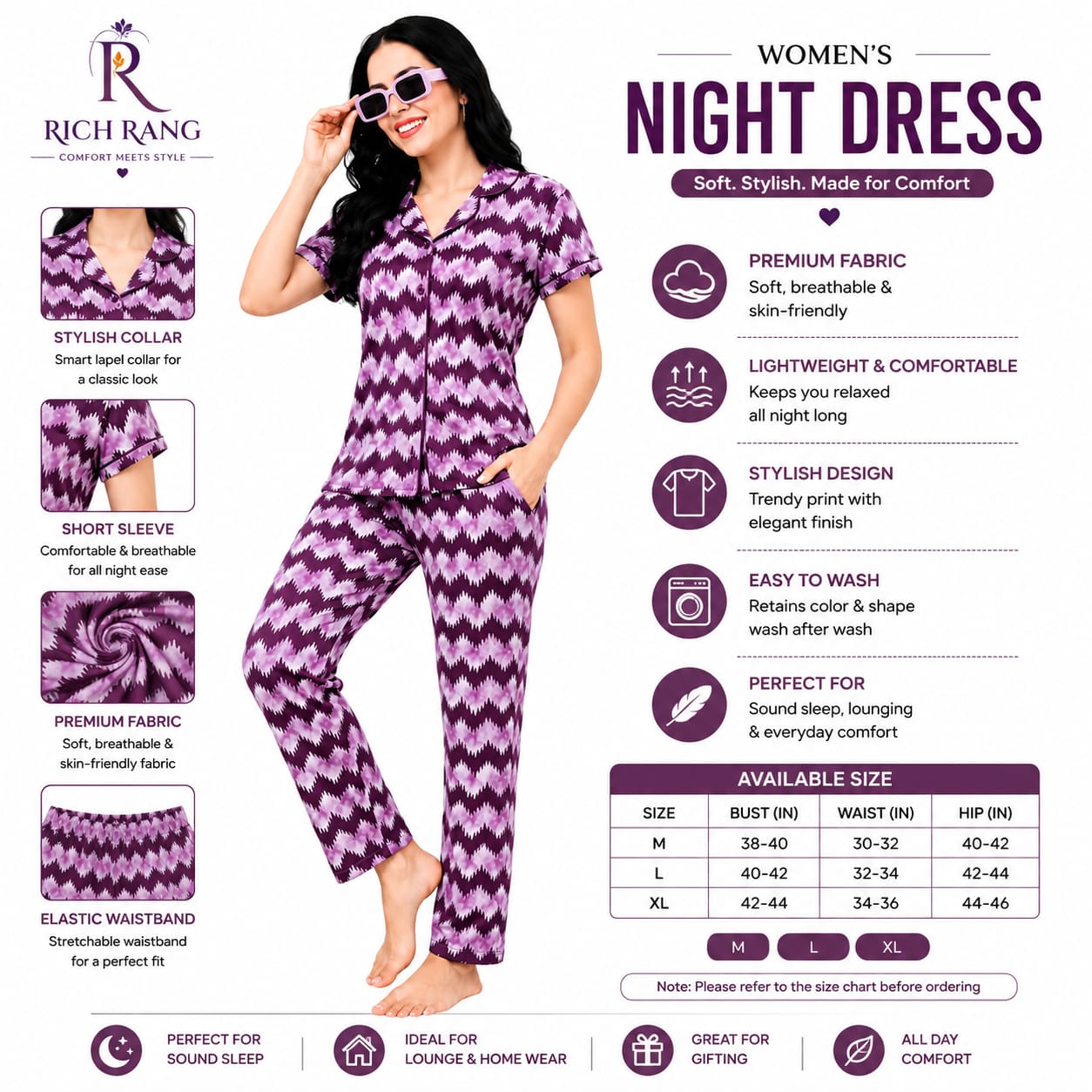 Women's Cotton Printed Night Suit Set | Half Sleeve Button-Down Shirt & Full-Length Pajama | Soft & Comfortable Loungewear Sleepwear