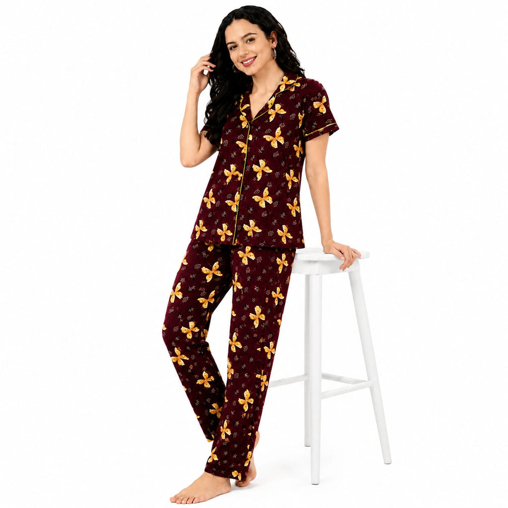Women's Cotton Front Open Night Suit | Half Sleeve Printed Pajama Set | Soft & Breathable Button-Down Sleepwear | Comfortable Lounge Wear for Women
