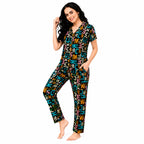Women's Cotton Printed Night Suit Set | Front Open Button-Down Shirt & Full Length Pajama | Half Sleeve Soft Breathable Sleepwear & Loungewear for Women (Black Multicolor Letter Print)