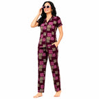 Women's Cotton Printed Night Suit Set | Half Sleeve Button-Down Shirt & Full-Length Pajama | Soft & Comfortable Loungewear Sleepwear (Maroon Check Print)