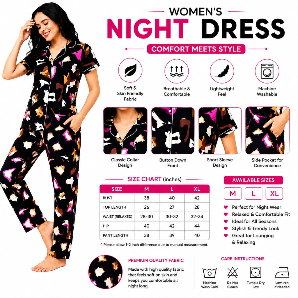 Women's Cotton Printed Night Suit Set | Front Open Button Shirt & Full Length Pajama | Half Sleeve Soft Breathable Sleepwear & Loungewear for Women (Black Multi Print)