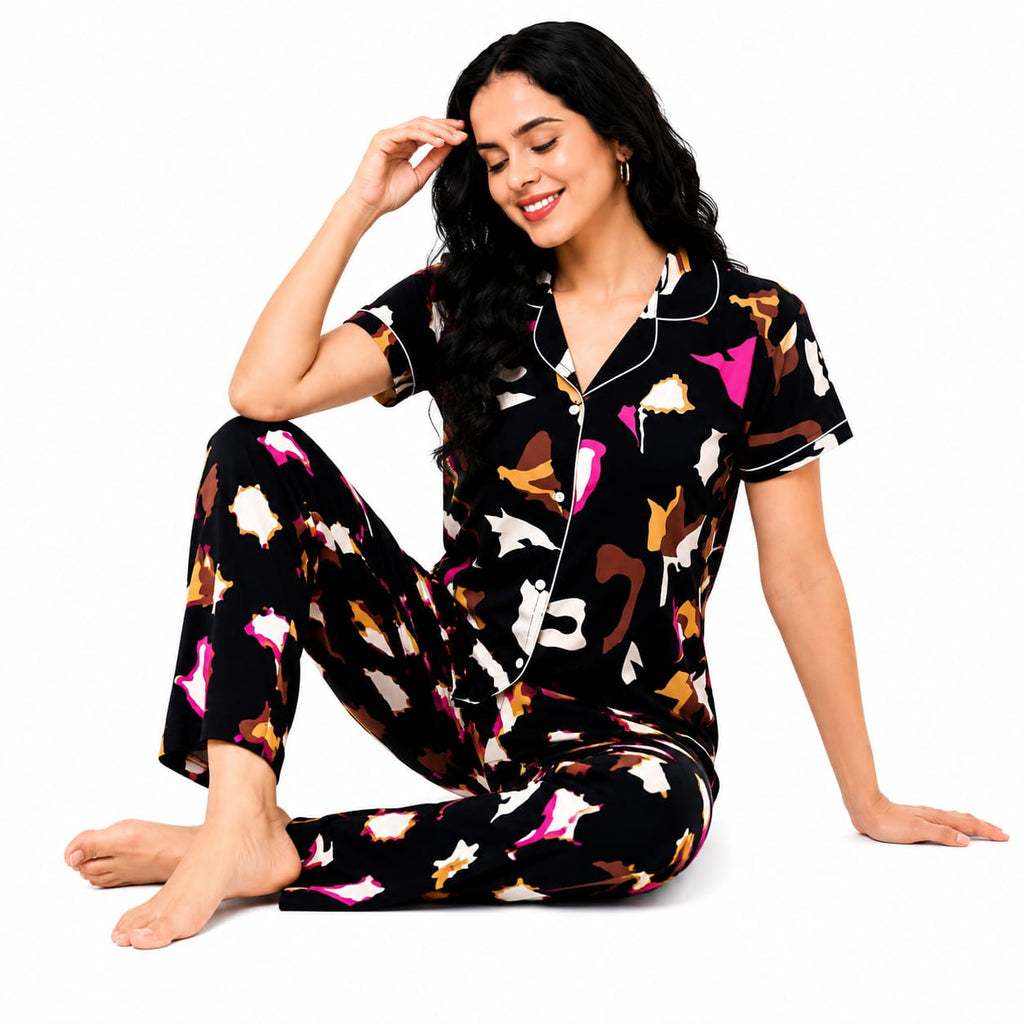 Women's Cotton Printed Night Suit Set | Front Open Button Shirt & Full Length Pajama | Half Sleeve Soft Breathable Sleepwear & Loungewear for Women (Black Multi Print)