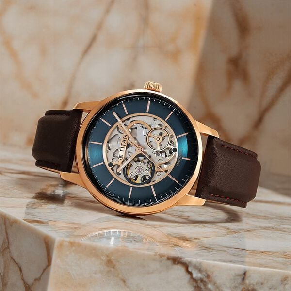 blue dial brown leather strap watch for men - ANS Billons