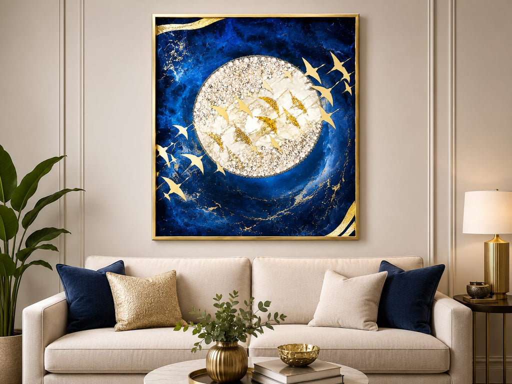 Wall Art Print Night Sky Golden Moon and Bird Européen ... - ANS Billons